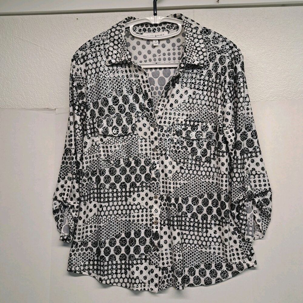 Emily Daniels Black White Polka Dot Rolled Tab Button Down Women's M